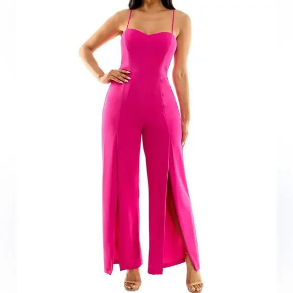 Bebe Sweetheart Neck Sleeveless Scuba Crepe Slit Jumpsuit Fuchsia Pink XS NWT - Picture 1 of 13